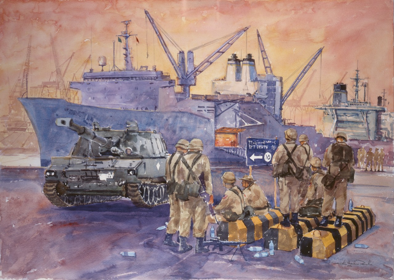 Watercolor painting of soldiers waiting on a dock with supplies. A tank passes to the left. In the background are U.S. Navy ships of the Military Sealift Command, their cranes positioned for unloading supplies.