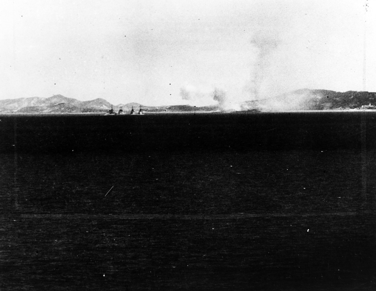 Five U.S. Navy destroyers steam up the Inchon channel to bombard Wolmi-Do island on 13 September 1950, two days prior to the Inchon landings.