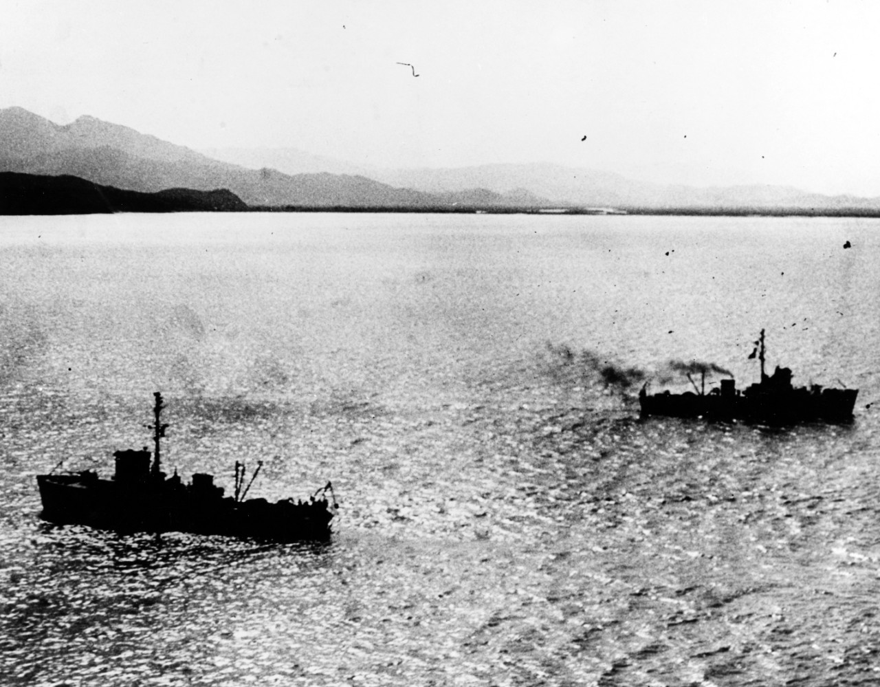 Two U.S. Navy minesweepers (AMS) at work off Wonsan, Korea. The original photo is dated 24 October 1950. Official U.S. Navy Photograph, now in the collections of the National Archives.