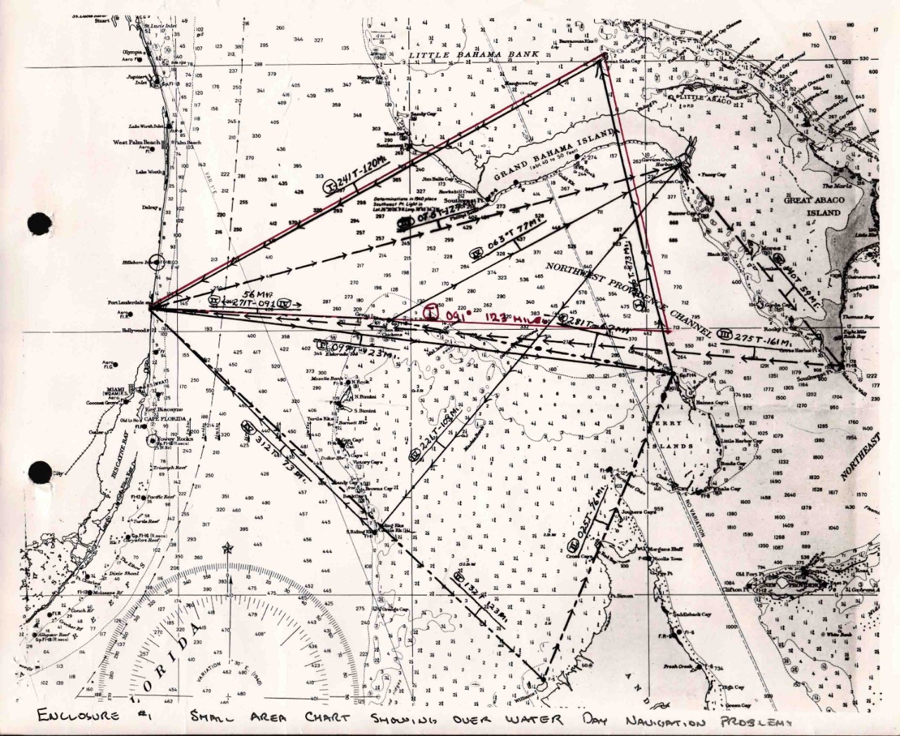 Map of Navigation Problem No. 1 for Flight 19. Flight 19 was a flight of five Navy Avenger aircraft lost off the coast of Florida on 5 December 1945. National Archives identifier 73985447.