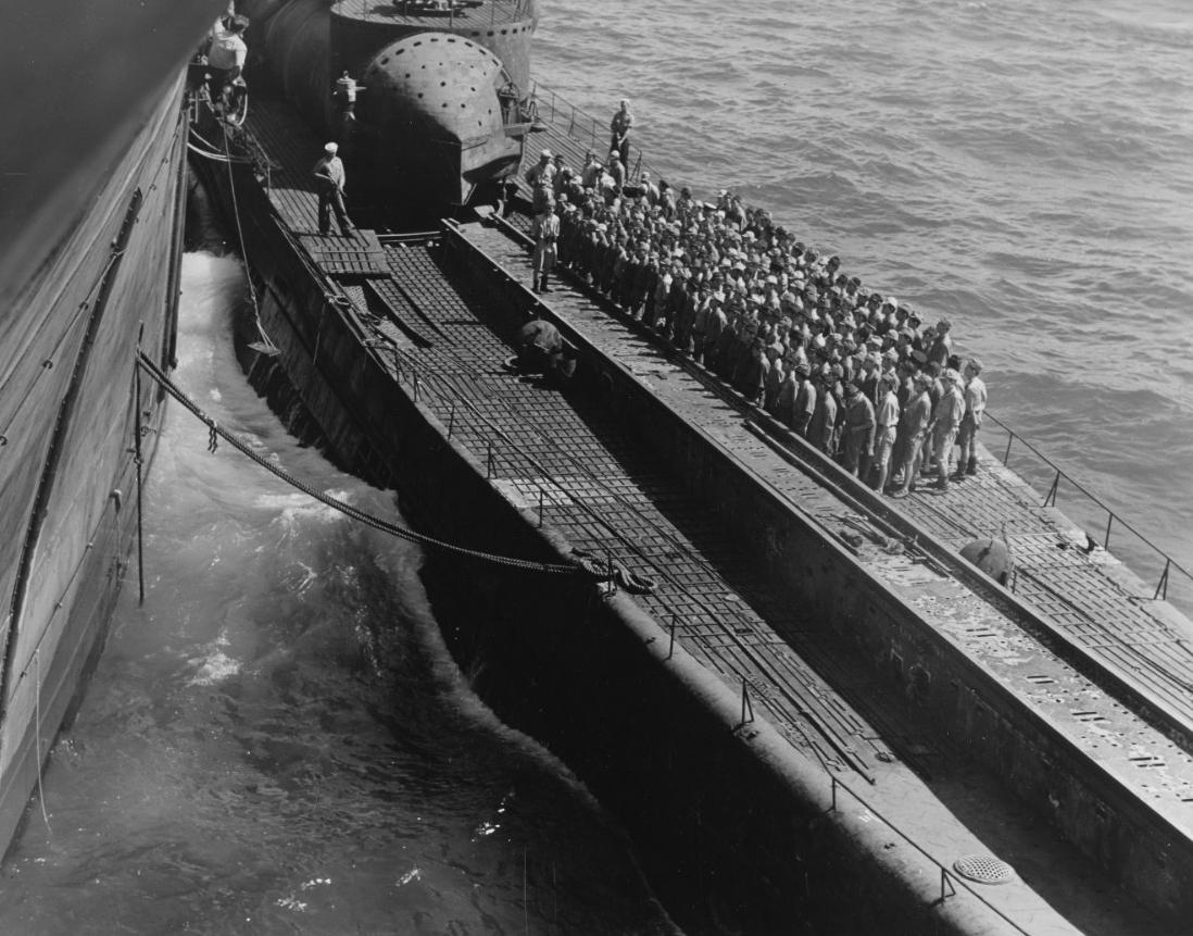 I-400 Japanese submarine with Japanese prisoners on deck. 