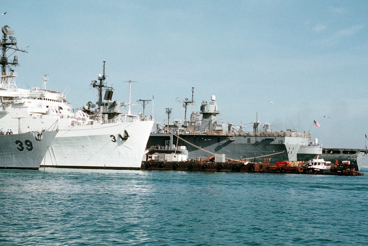 U.S. Navy ships lie tied up during Operation Desert Shield