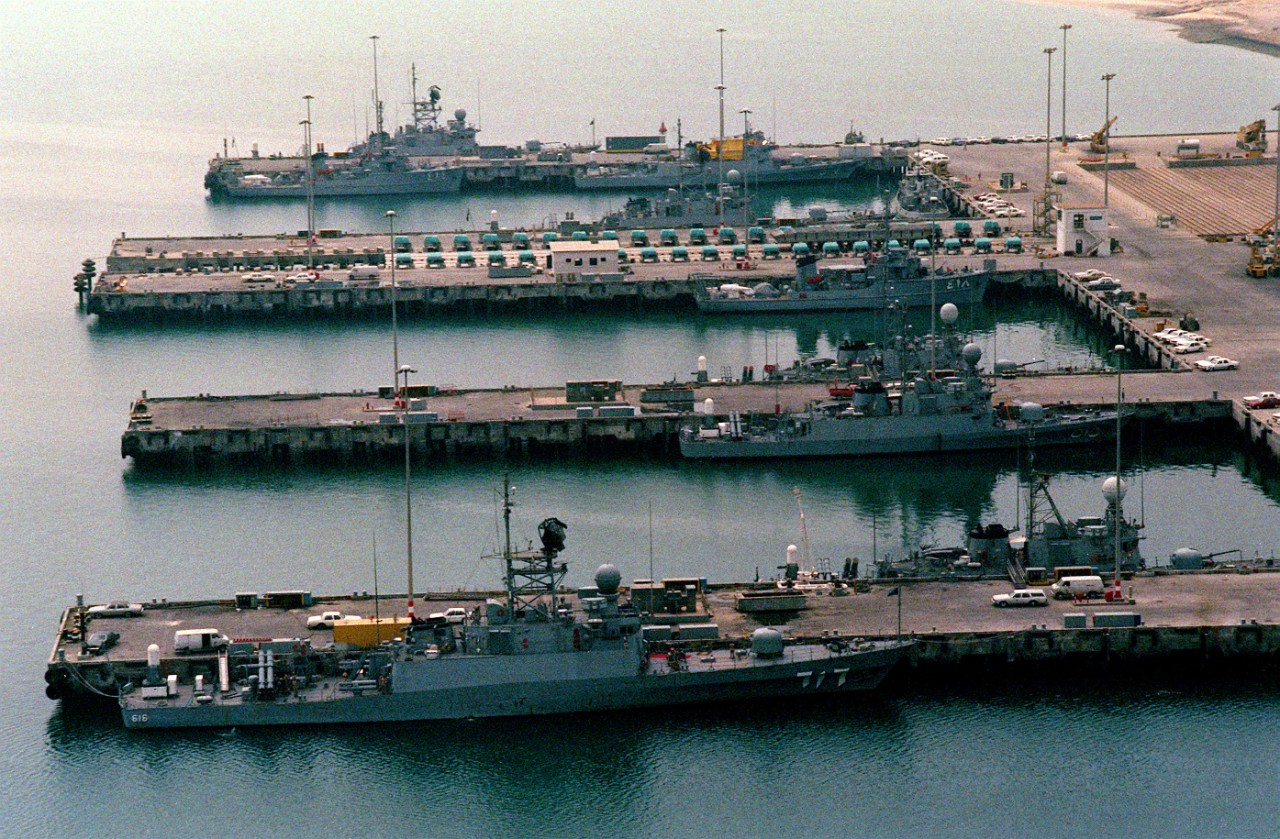 Various ships of the Saudi Arabian navy are docked at base during Operation Desert Shield.