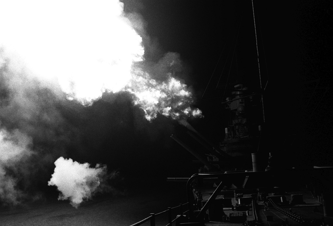 Photo of USS Missouri turrets firing