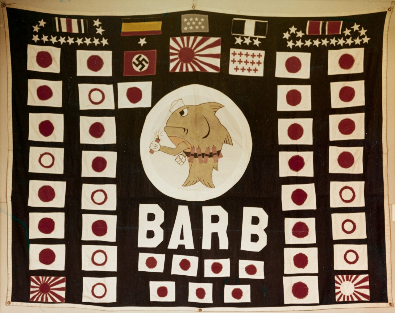 USS Barb (SS-220) battle flag used while Barb was commanded by Commander Eugene B. Fluckey, circa 1945. (NH 63789-KN)          