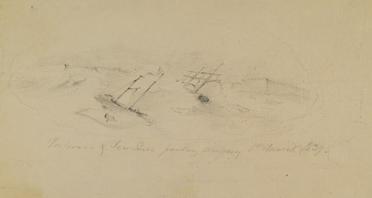 USS Porpoise and USS Sea Gull Parting Company. Drawing, Pen and Pencil on Paper; Based on Work by Charles Wilkes; C. 1840. (98-089-AA)