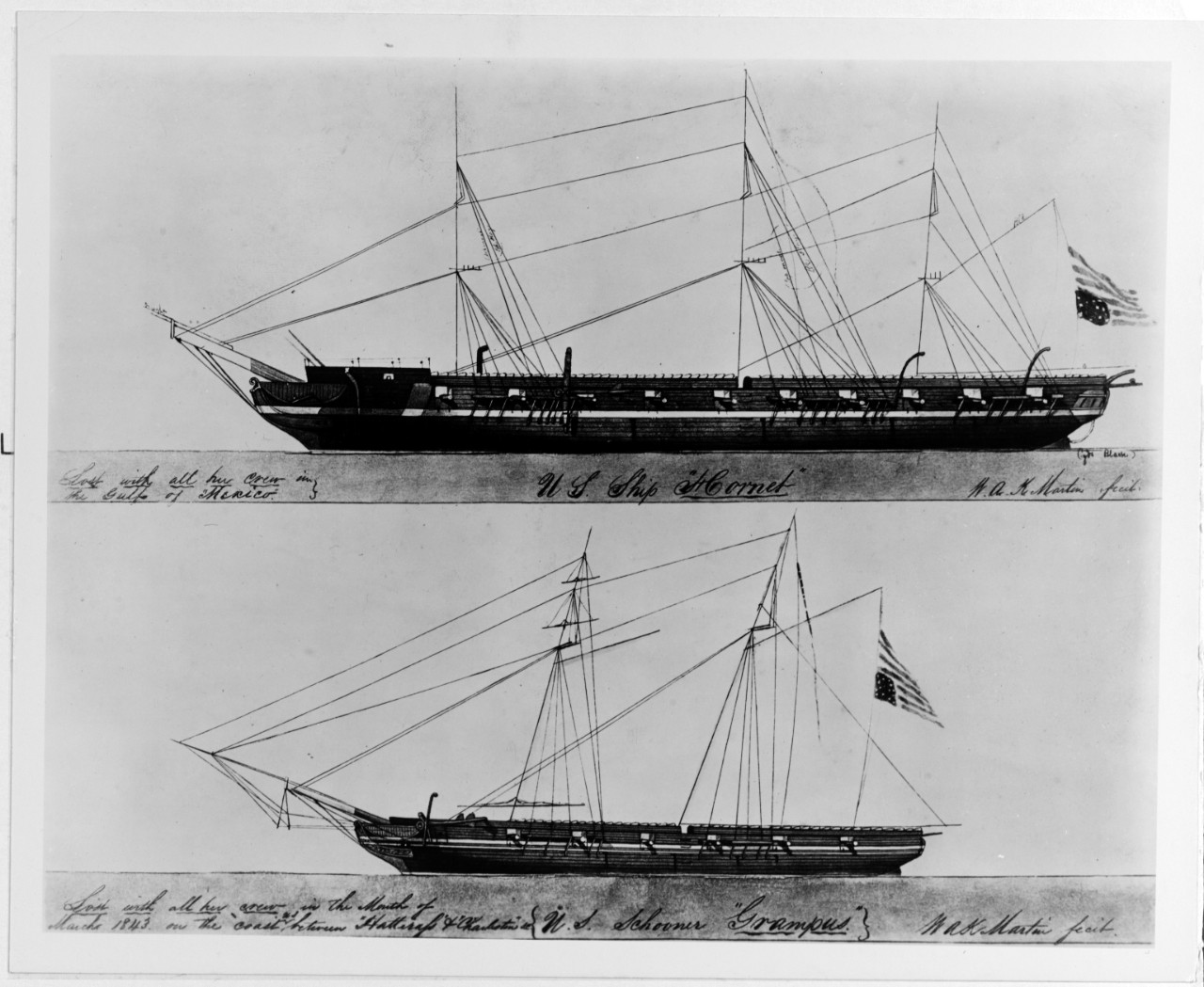 Schooner Grampus pictured on the bottom in this sketch of hulls and rigging by William A. K. Martin, 1843. (NH 86236)