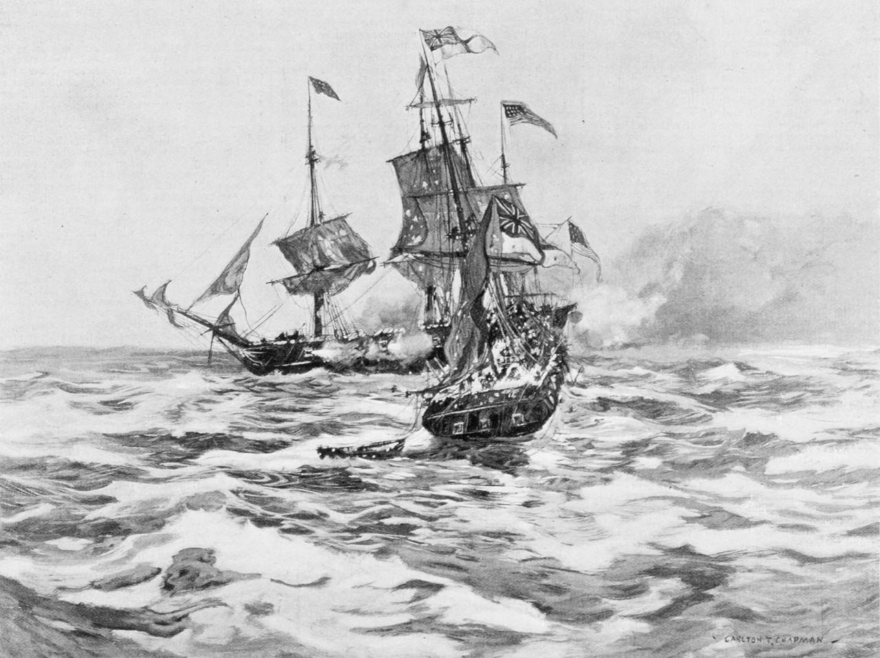 print depicting 2 ships doing battle at sea. 