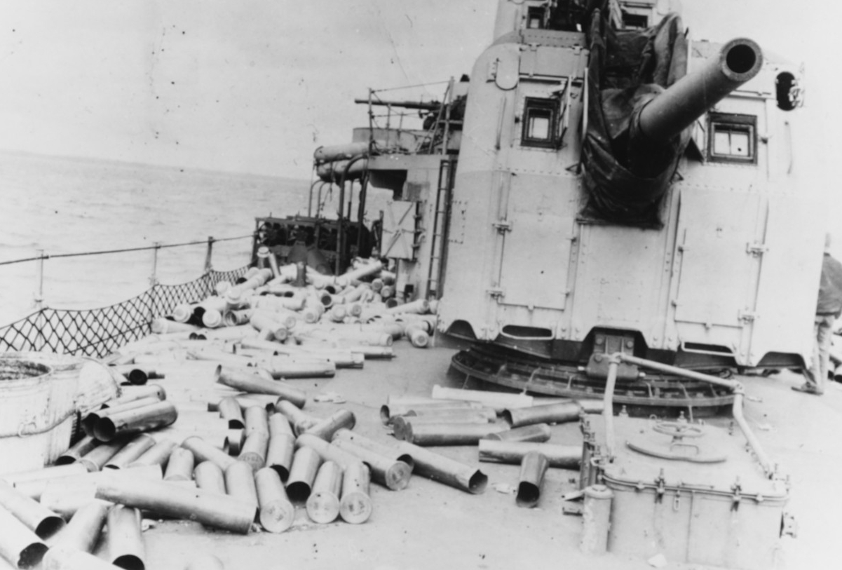 The deck of a destroyer covered in spent ammunition.