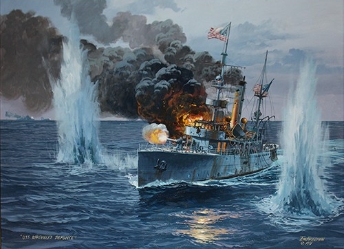 Ship at sea with bombs exploding in the water on either side of the ship.