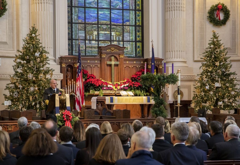 191218-N-TR763-0070 ANNAPOLIS, Md. (Dec. 18, 2019) – Chief of Naval Operations (CNO) Adm. Mike Gilday delivers remarks at the funeral for retired Adm. James Holloway III, the 20th Chief of Naval Operations. Holloway was born Feb. 23, 1922, and se...