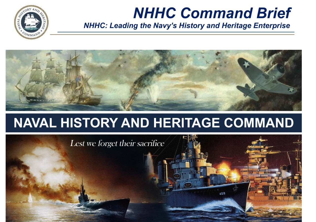Image of first slide in command brief including images of Navy ships and planes in action. 