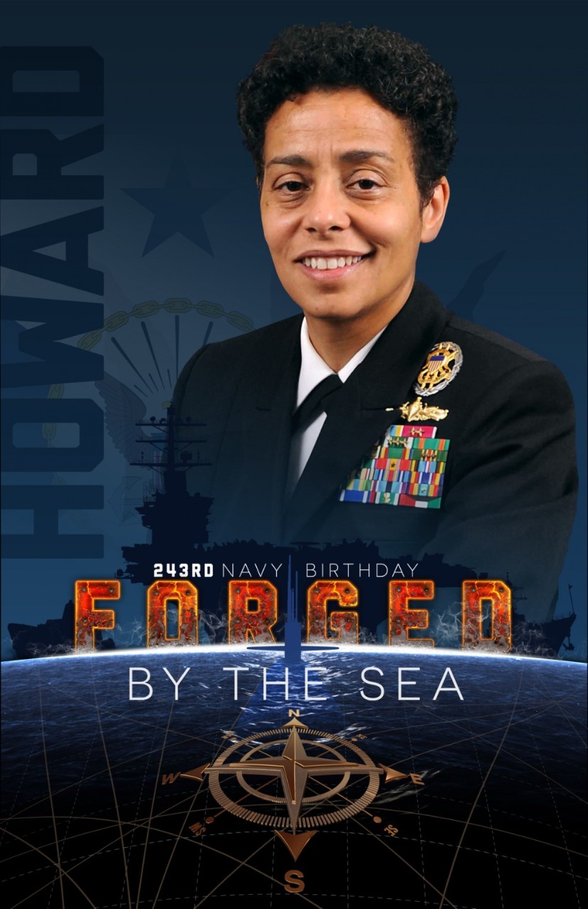 The 243rd Navy Birthday poster featuring Michelle Janine Howard with a Forged by the Sea theme.