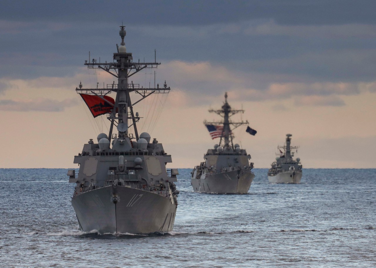 ATLANTIC OCEAN (March 15, 2022) The Arleigh Burke-class guided-missile destroyer USS Paul Ignatius (DDG 117), left, USS Nitze (DDG 94) and the Royal Navy frigate HMS Portland (F79) transit the Atlantic Ocean in formation, March 15, 2022. Paul Ign...