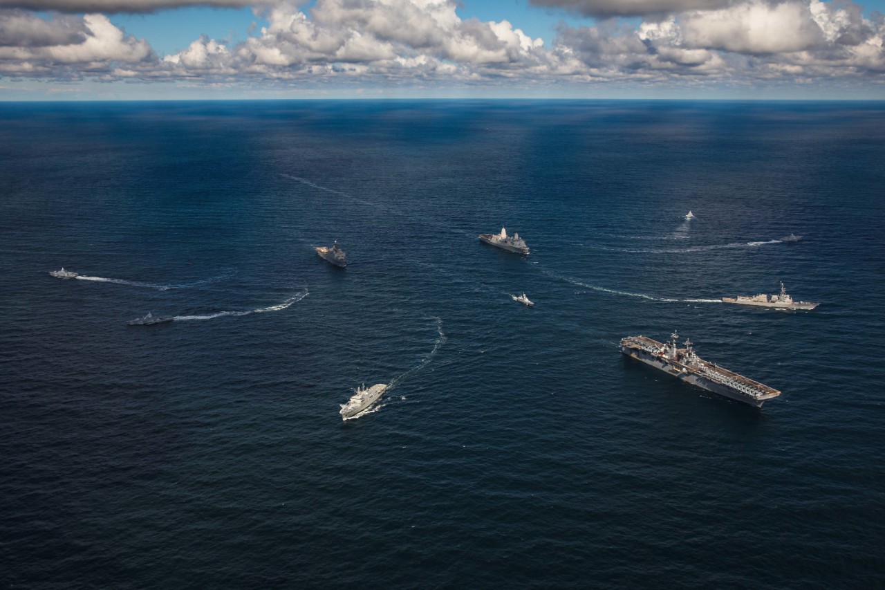 BALTIC SEA (Aug. 30, 2022) The U.S. Navy Wasp-class amphibious assault ship USS Kearsarge (LHD 3), the Swedish navy Visby-class corvettes HSwMS H rn sand (K33) and HSwMS Nyk ping (K34), the Carlskrona-class auxiliary support ship HSwMS Carlskrona...