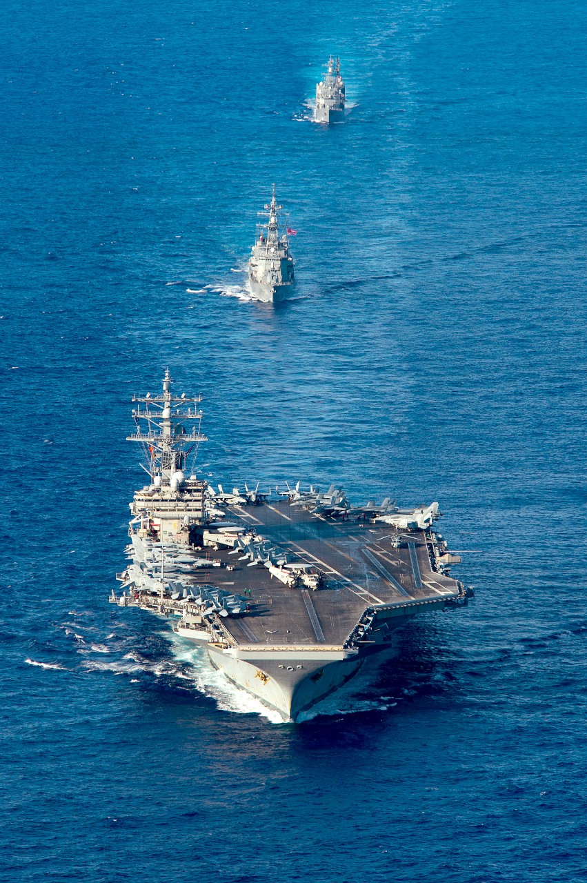 PHILIPPINE SEA (Aug. 16, 2022) The U.S. Navy’s only forward-deployed aircraft carrier USS Ronald Reagan (CVN 76) and the Japan Maritime Self-Defense Force destroyers (JMSDF) JS Ohnami (DD 111) and JS Yamagiri (DD 152) steam in formation in the Ph...