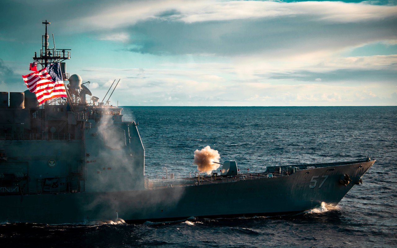 PACIFIC OCEAN (Feb. 9, 2022) Ticonderoga-class guided-missile cruiser USS Lake Champlain (CG 57) conducts a live-fire exercise, Feb. 9, 2022. Nimitz-class aircraft carrier USS Carl Vinson (CVN 70) is currently conducting routine maritime operatio...