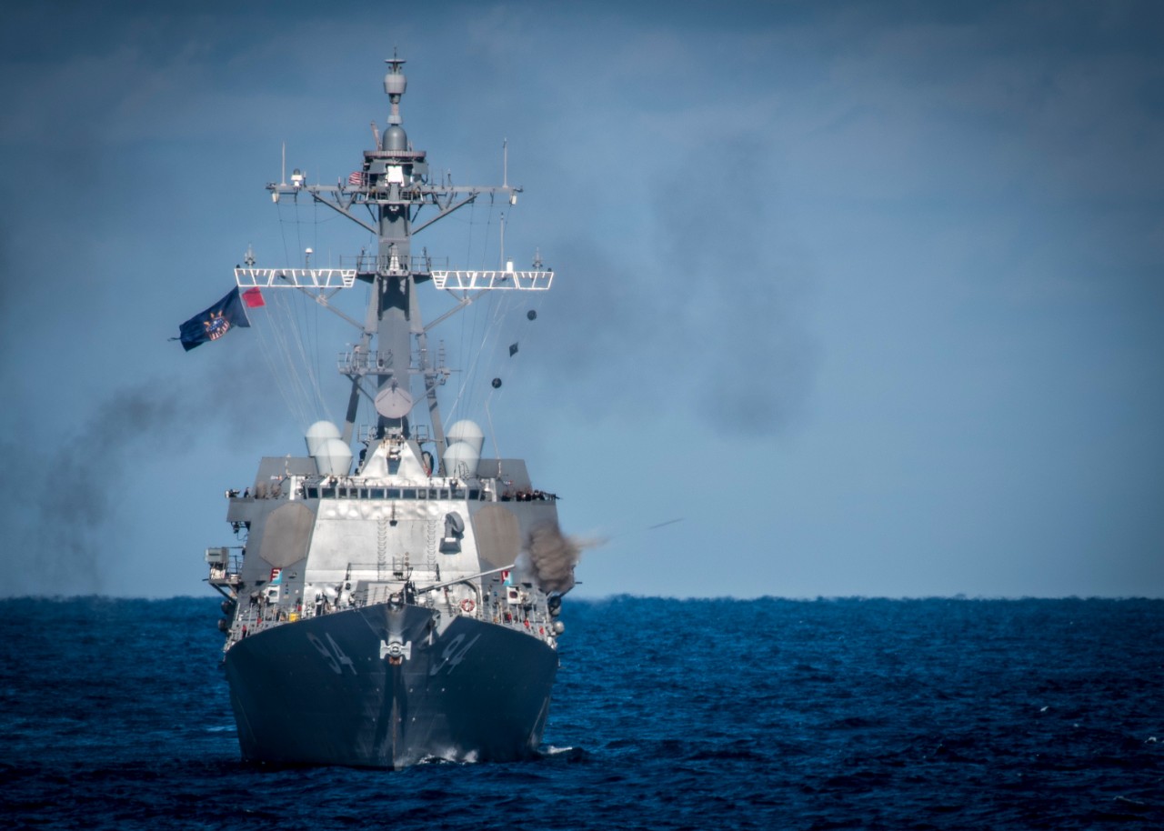 ATLANTIC OCEAN (Feb. 16, 2022) The guided missile destroyer USS Nitze (DDG 94) fires its MK-45 5 inch gun during a Surface Warfare Advanced Tactical Training (SWATT) exercise. Nitze is part of Destroyer Squadron (DESRON) 26 which supports Carrier...