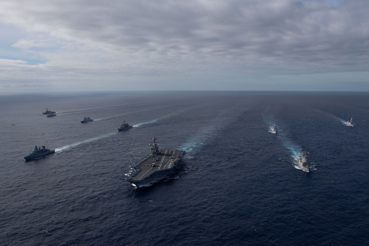 ATLANTIC OCEAN (Nov. 7, 2022) The first-in-class aircraft carrier USS Gerald R. Ford (CVN 78) transits the Atlantic Ocean in formation with the German navy frigate FGS Hessen (F 221), the Ticonderoga-class guided-missile cruiser USS Normandy (CG ...