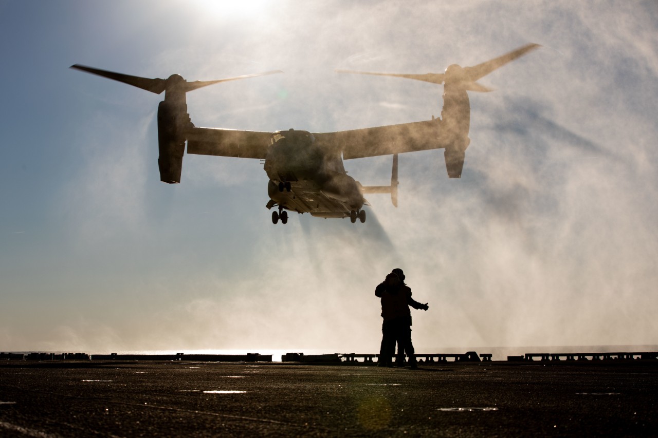 ATLANTIC OCEAN (Jan. 30, 2022) A U.S. Marine Corps MV-22 Osprey with Marine Medium Tiltrotor Squadron 263, lands aboard the USS Kearsarge (LHD 3) flight deck during Composite Training Unit Exercise (COMPTUEX), Jan. 30, 2022. COMPTUEX is the last ...