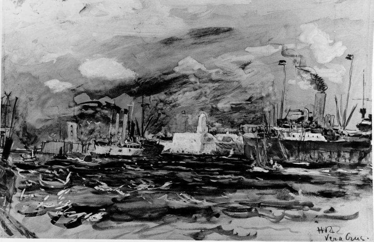 Painting of a fleet afloat with a fort visible in background.           