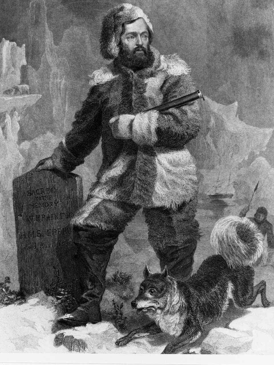 portrait of Kane in the Arctic standing on snow with a dog at his feet. 