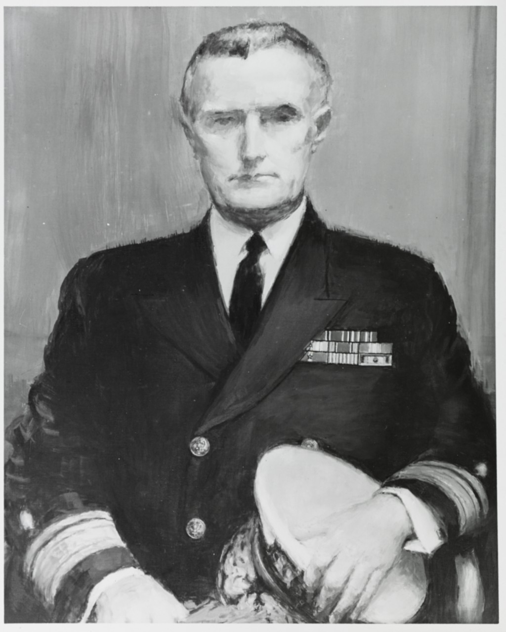 painting of seated man in Navy uniform holding his cover