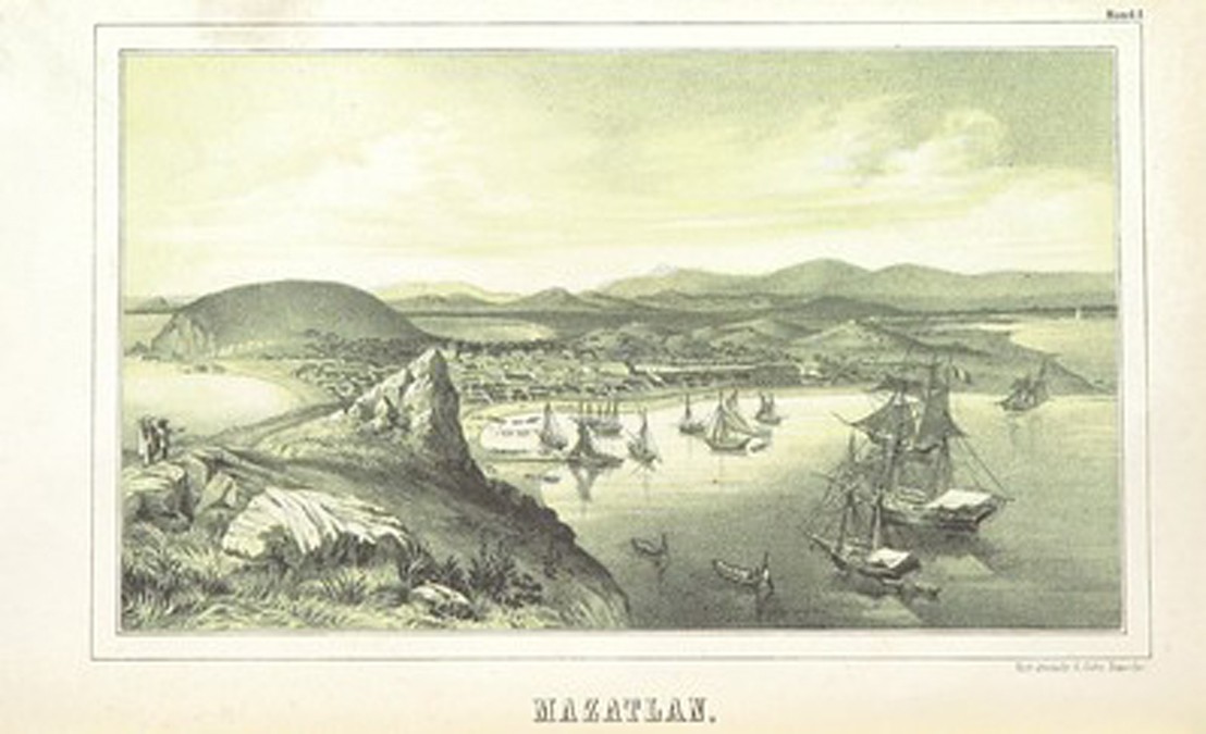 lithograph of a harbor containing ships off a mountainous terrain