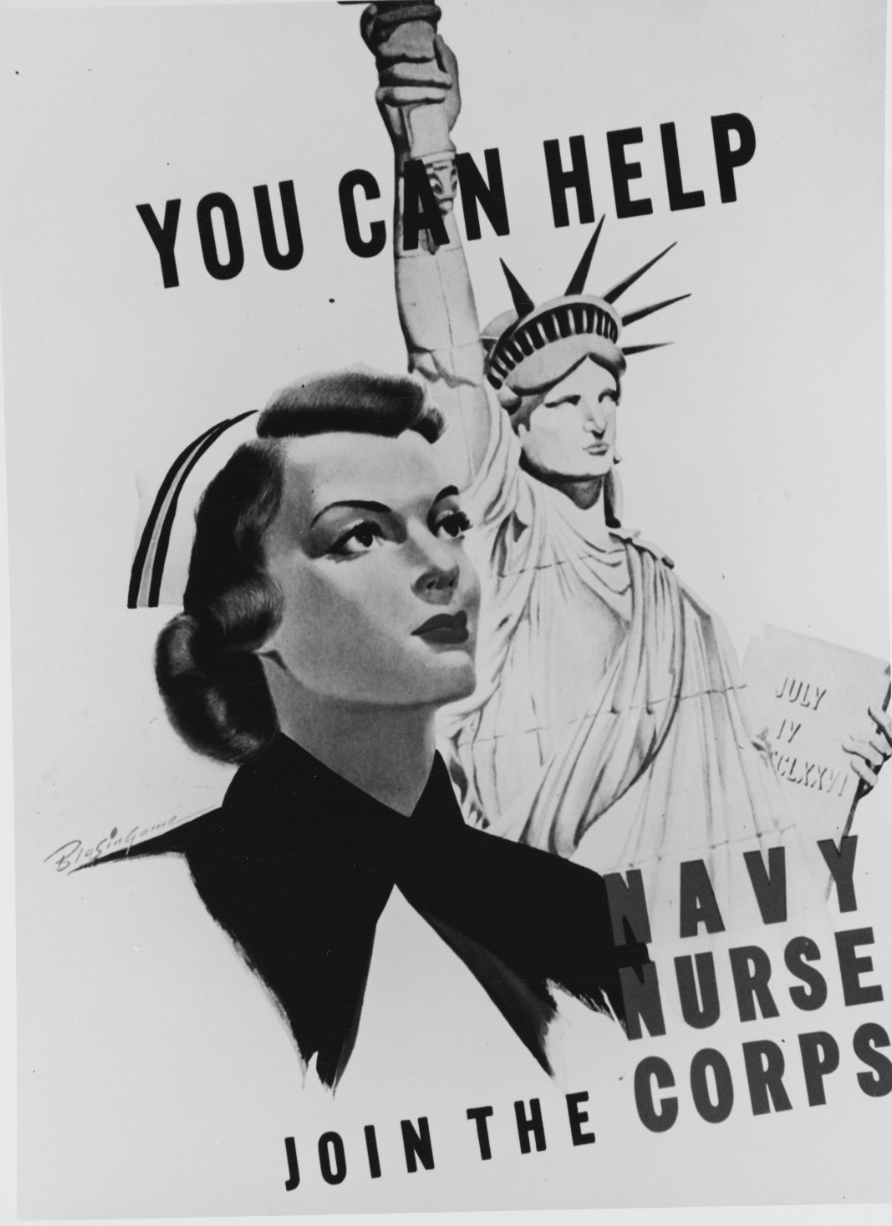 Poster with a drawing of a woman from chest up in nursing uniform standing before the Statue of Liberty.