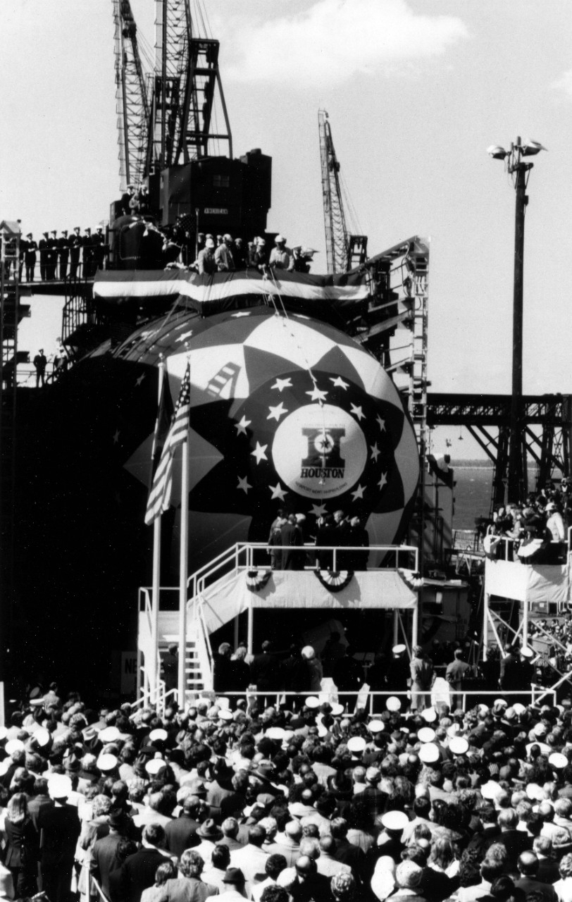 Newport News, VA - Principals stand on the christening platform as Mrs. Barbara Bush, sponsor, prepares to christen the nuclear powered attack submarine USS Houston (SSN-713) during launch ceremonies. March 21, 1981. 