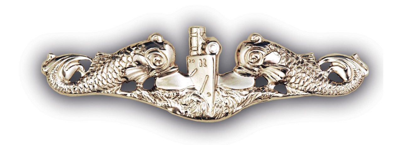 <p>shiny silver dolphin pin with a submarine flanked by two fish</p>
