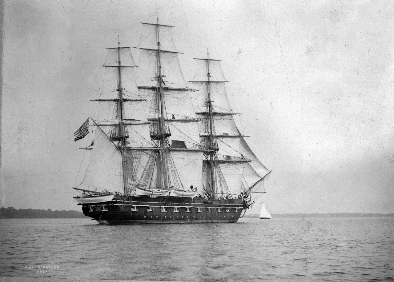USS Saratoga under full sail off Plymouth, England, summer 1897
