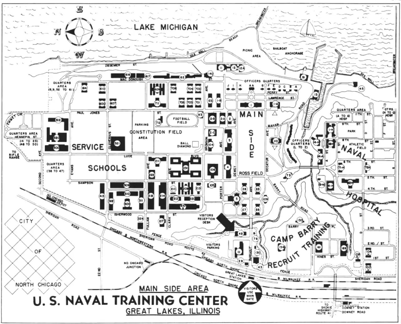 Black and white aerial map of the base with the lakefront at the top, oriented to the east.