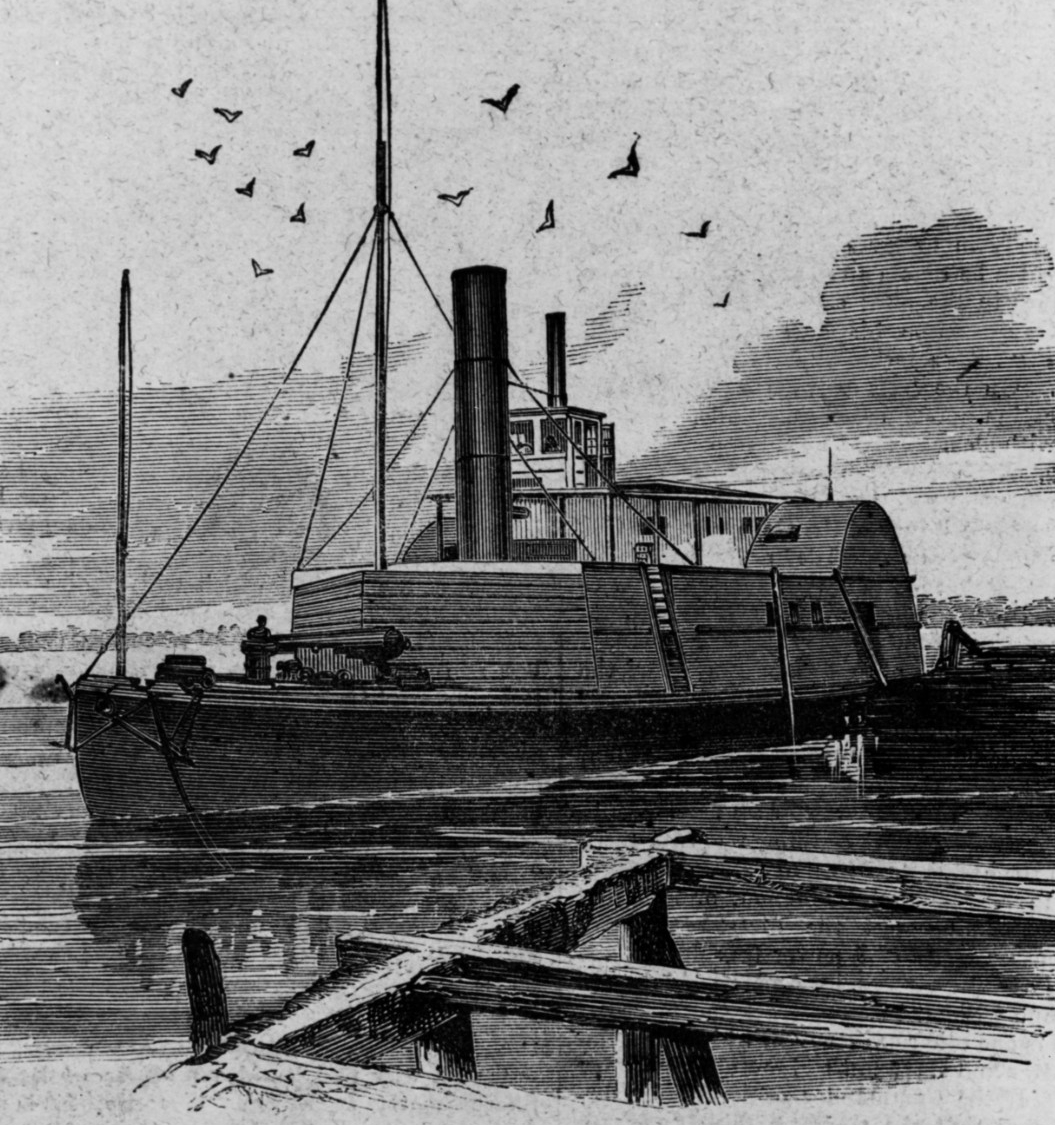 Black and white etching of a wooden vessel near dock.