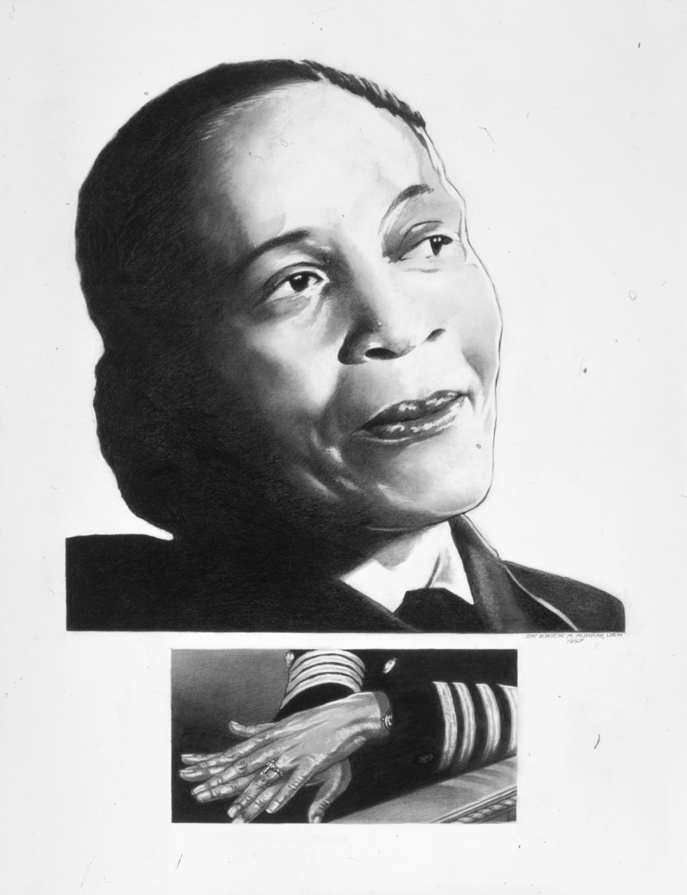 A drawing of an American American woman in uniform in portrait view with detail of hands folded in her lap.