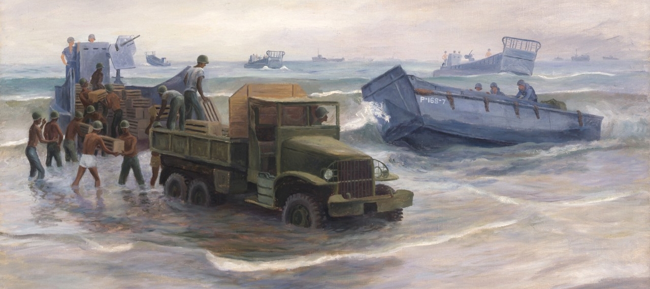 Painting of African-American troops unloading a Landing Craft Mechanized while standing in the surf.