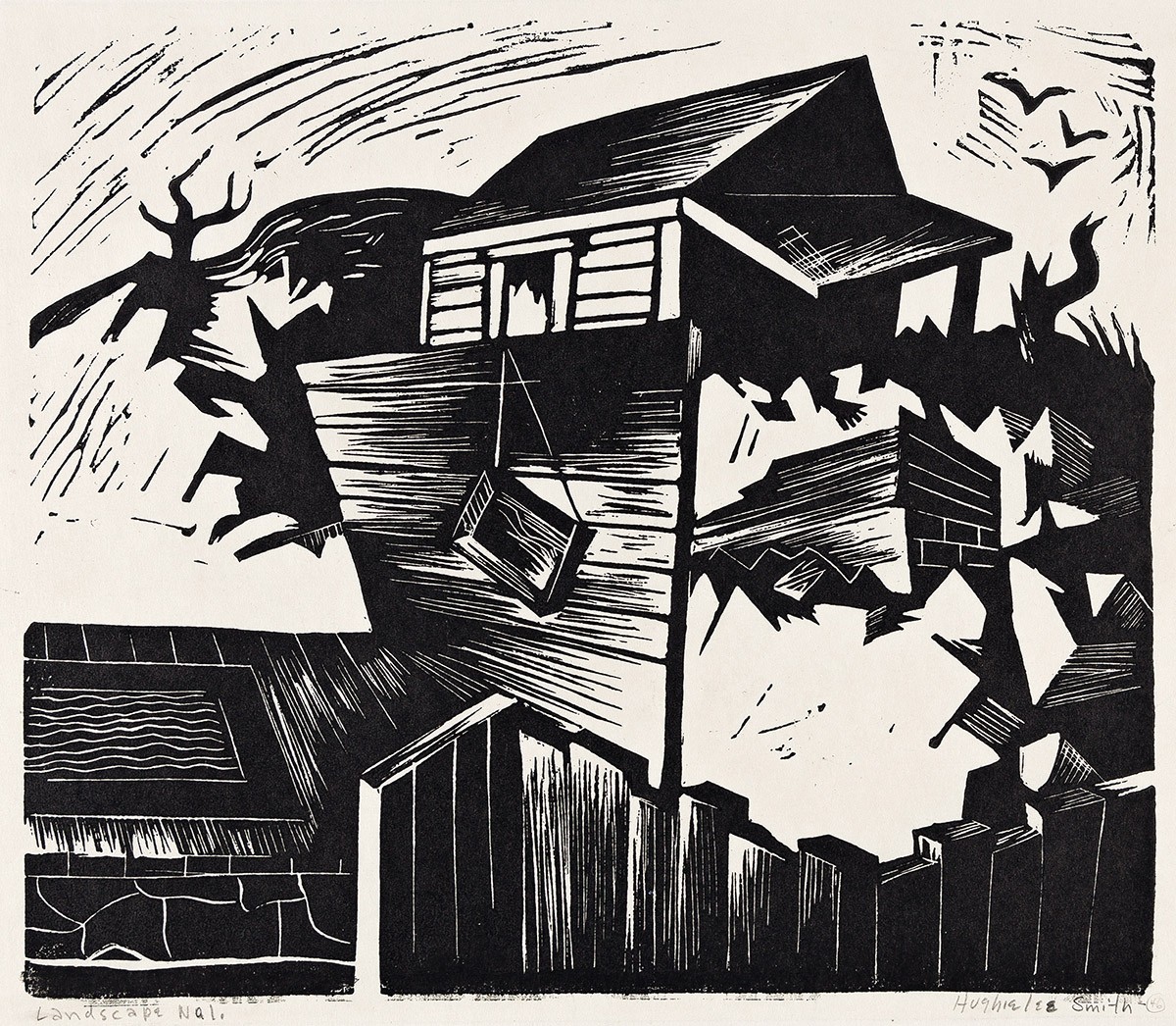 A black and white print of a house on a hill.