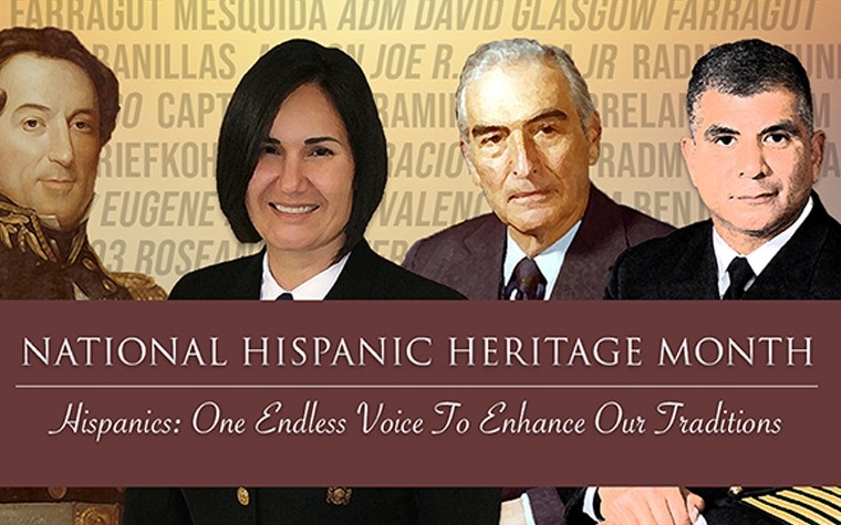 A banner for the Hispanic Americans in the Navy webpage consisting of three photographs featuring Hispanic American U.S. Navy servicemembers. 