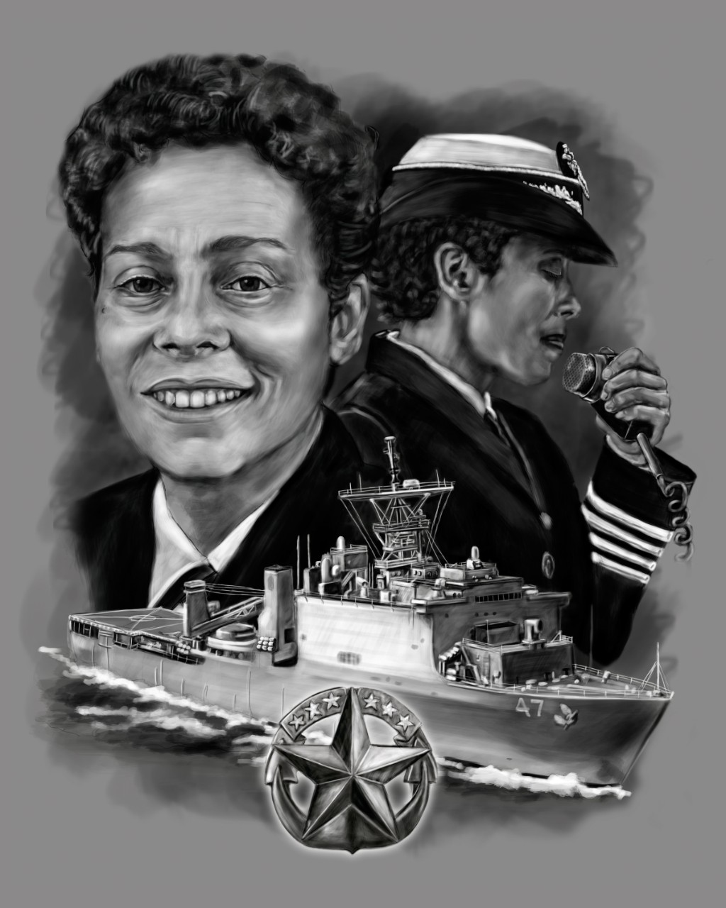 Charcoal drawing of a ship with a profile of a dual portrait (face and profile) of a Black woman in uniform. 