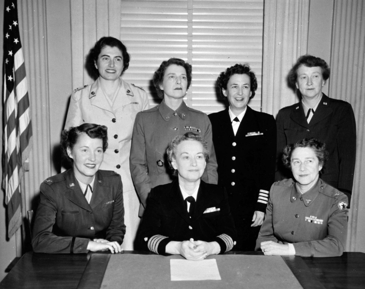 111-SC 425610:   Directors of Women in the Services and Chiefs of the Military Nurse Corps, August 1953.    Rear row (left to right) are:   Colonel Julia E. Hamblet, USMC, Director, Women’s Marines; Colonel Irene O. Galloway, WAC; Director, Women...