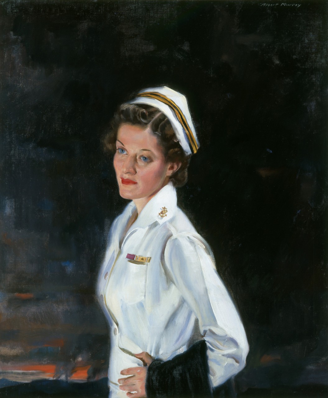 Painting of a Navy nurse with single color dark background.