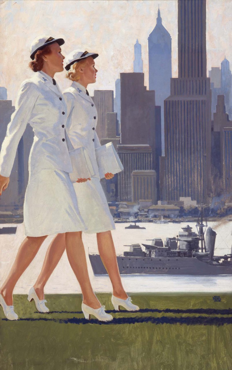 Women in white uniforms walking in profile with cityscape in the background.
