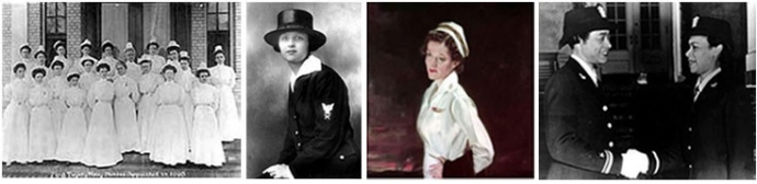 First Navy nurses; Yeoman First Class (F) Bright; Lieutenant (j.g.) Bernatitus; Lieutenant (j.g.) Pickens and Ensign Wills.