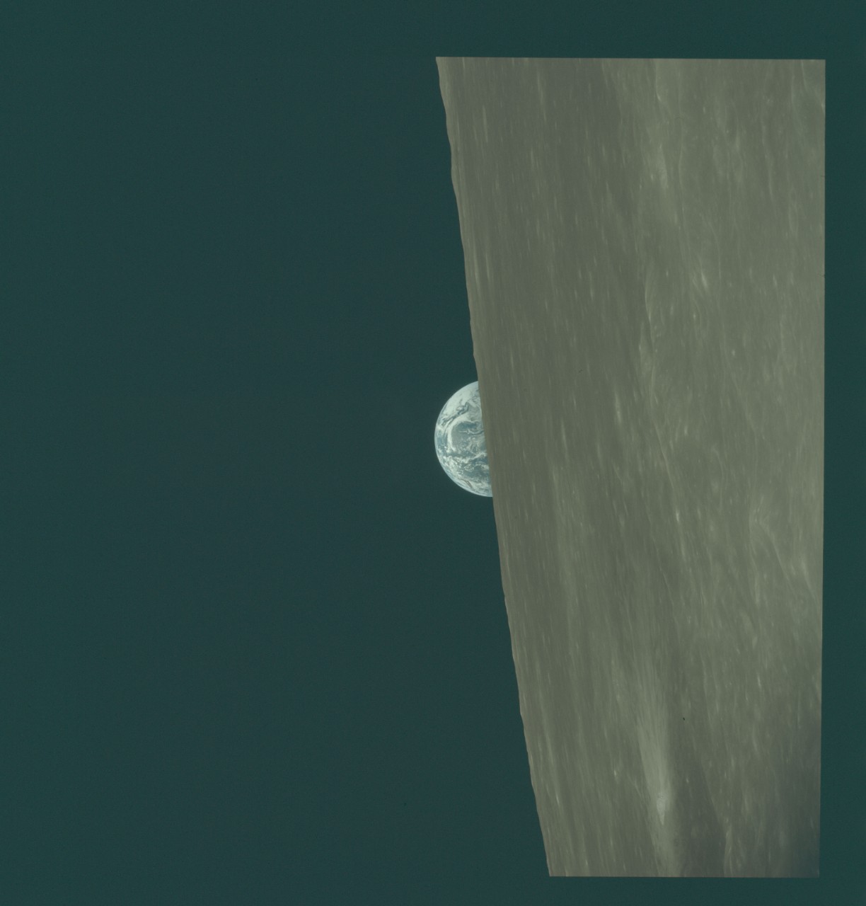 Oblique view of Earth rise, Lunar-Earth Sequence taken during Apollo 10 Mission. Principal Point in Space. Sun angle was high. Film magazine was N,film type was SO-368 with 250mm lens. Film type was 70mm color. National Archives Image 16678448