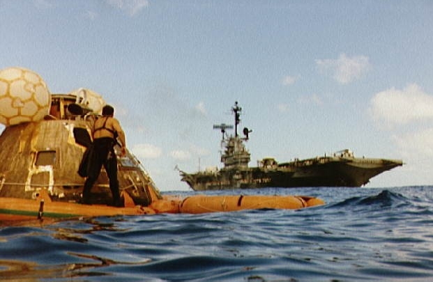 <p>Recovery of Apollo 17 astronauts and capsule. USS <i>Ticonderoga </i>(CVS-14) is in the background.</p>