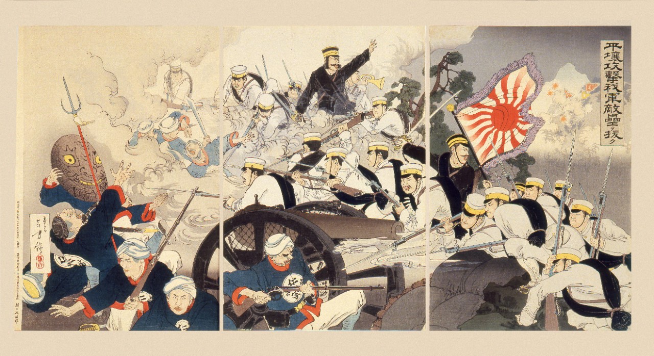 Attacking Pyongyang: Our Soldiers Conquer the Enemy Fortress, by Mizuno Toshikata, 1895, woodblock, 15h x 30w