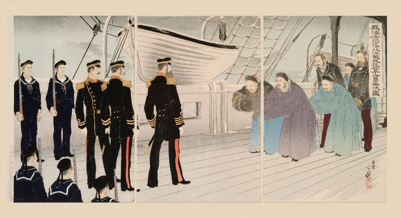 After the Fall of Weihaiwei, the Commander of the Beiyang Fleet Admiral Ding Ruchang Surrenders, by Migita Toshihide, 1895, woodblock, 15h x 30w.