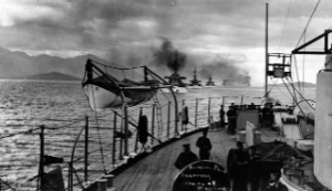NH 101483: Battleships enter the Strait of Magellan, Chile.