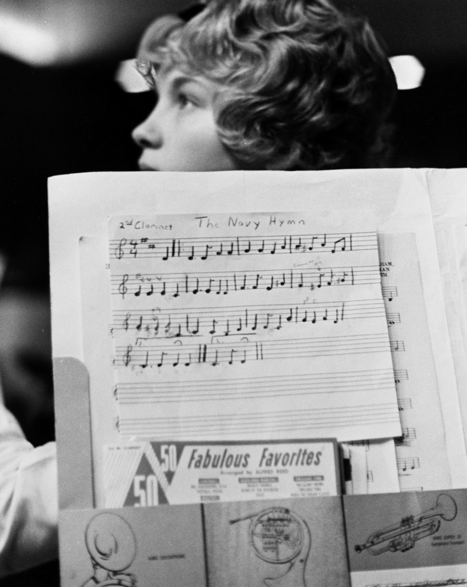 Chester W. Nimitz Junior High School, Tulsa, Oklahoma. Clarinet score of the Navy Hymn, and a choir singer at the school's dedication ceremonies, 27 October 1961.