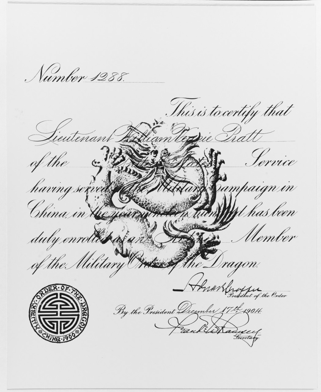 Certificate presented to Lieutenant William V. Pratt, USN